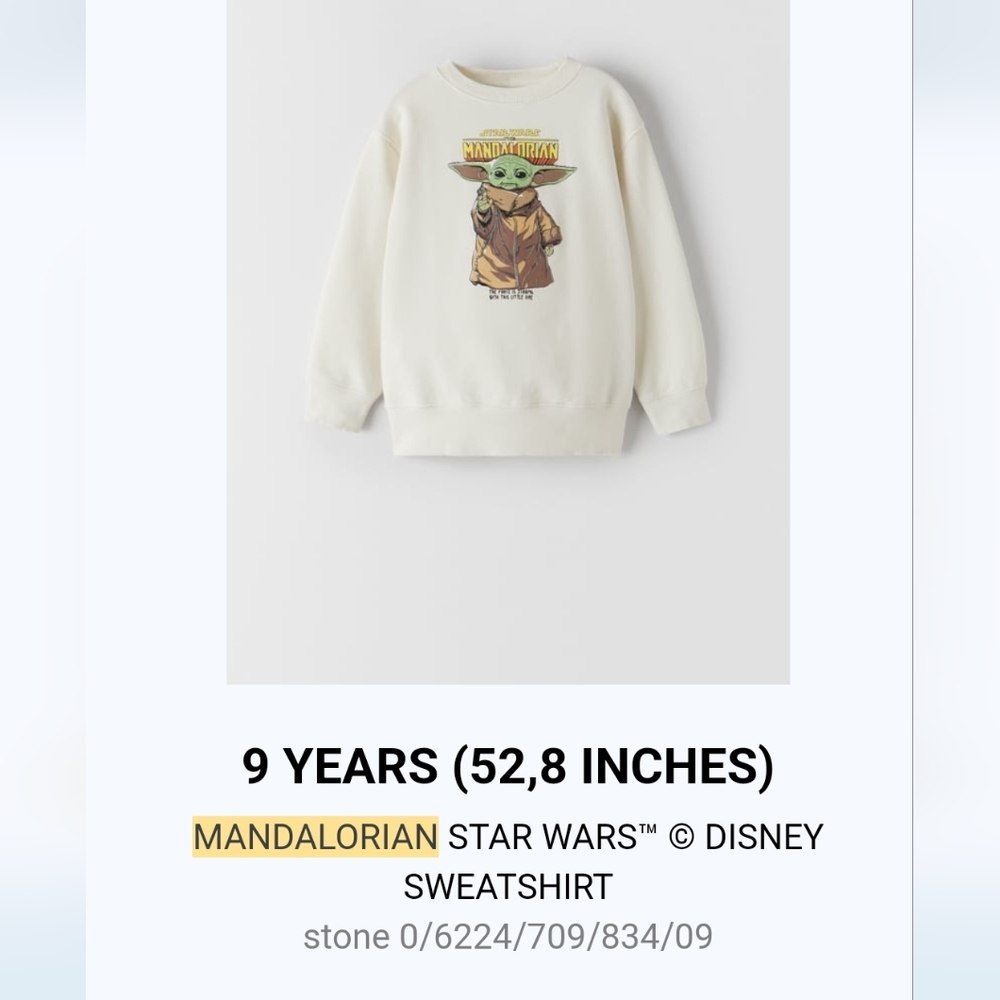 Zara Mandalorian Grogu Baby Yoda Star Wars Disney sweatshirt size 9
